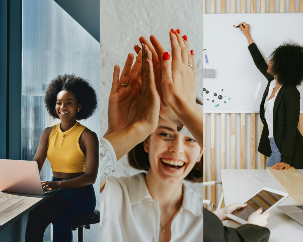 Collage de una mujer sonriente trabajando, un grupo de mujeres celebrando juntas y una mujer exponiendo un proyecto en una pizarra en una oficina.